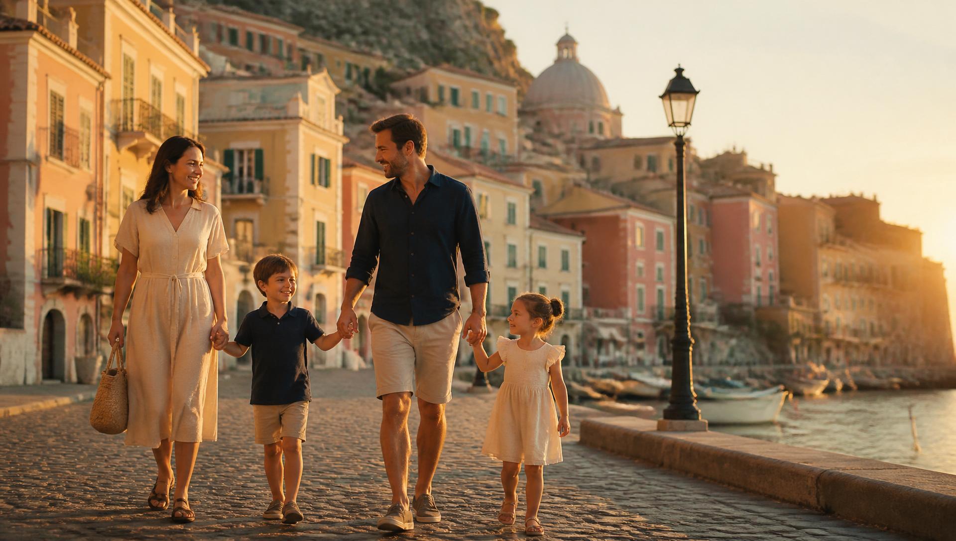 Family walking on a beach at sunset